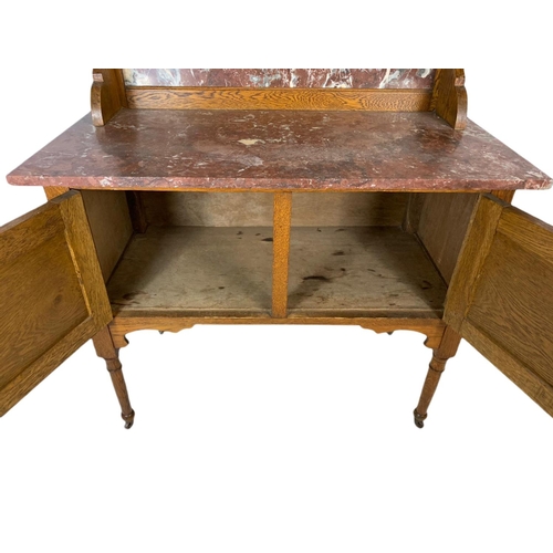 813 - Edwardian oak marble top washstand. 92x46x119cm.