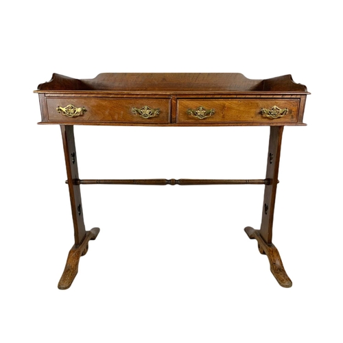 816 - Victorian Neo Gothic style oak gallery back 2 drawer console table. 100x46x90.5cm