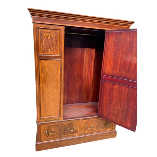 827 - Large Edwardian inlaid 2 drawer wardrobe. 155x56x213cm.