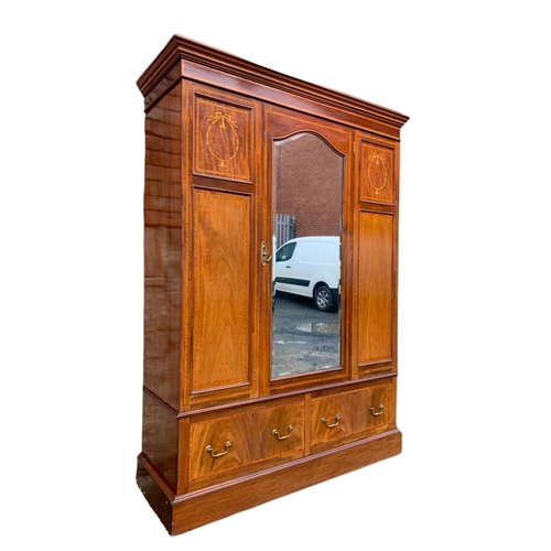 827 - Large Edwardian inlaid 2 drawer wardrobe. 155x56x213cm.