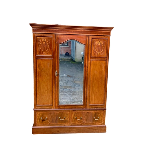 827 - Large Edwardian inlaid 2 drawer wardrobe. 155x56x213cm.