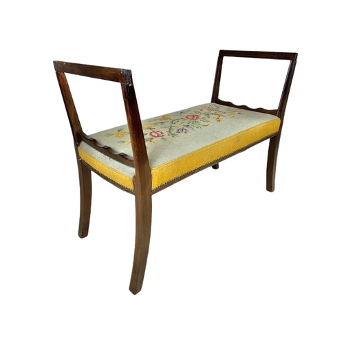 831 - Edwardian window bench with tapestry seat. 101.5/44/74cm