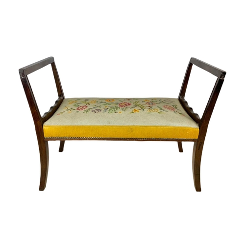 831 - Edwardian window bench with tapestry seat. 101.5/44/74cm