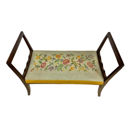 831 - Edwardian window bench with tapestry seat. 101.5/44/74cm