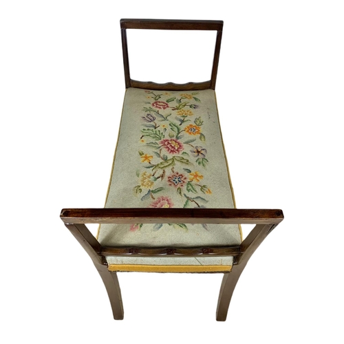 831 - Edwardian window bench with tapestry seat. 101.5/44/74cm