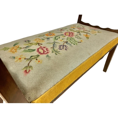 831 - Edwardian window bench with tapestry seat. 101.5/44/74cm