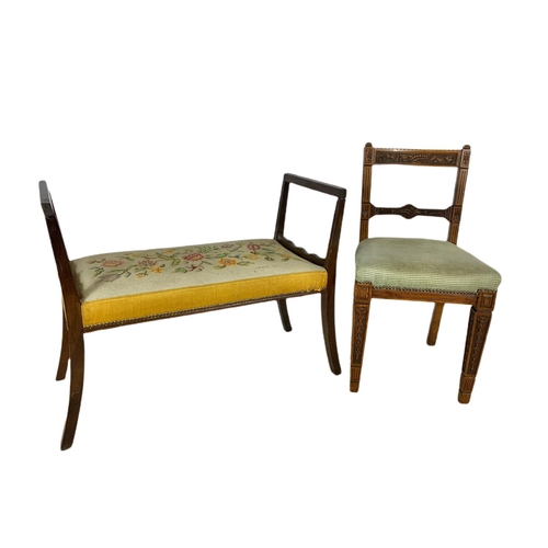 831 - Edwardian window bench with tapestry seat. 101.5/44/74cm