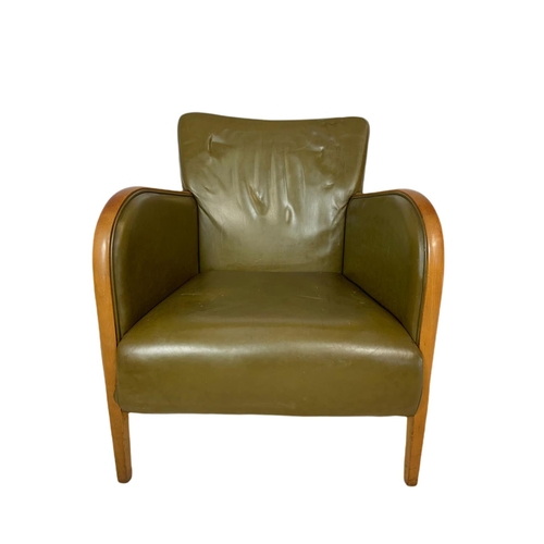 832 - Vintage leather and beech lounge armchair