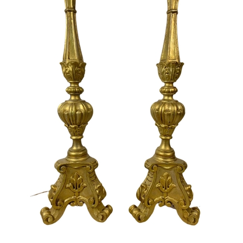 839 - Pair of tall vintage 18th century style gilt uplighter lamps. 166cm