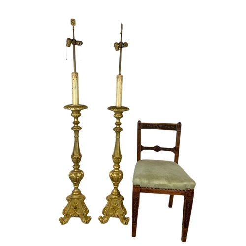 839 - Pair of tall vintage 18th century style gilt uplighter lamps. 166cm