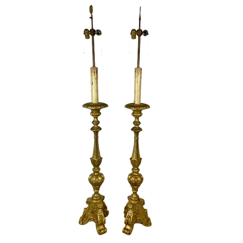 839 - Pair of tall vintage 18th century style gilt uplighter lamps. 166cm