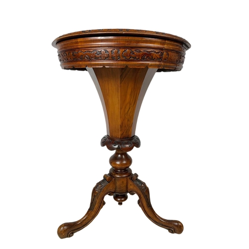 840 - Victorian carved walnut sewing table. 51x51x73cm