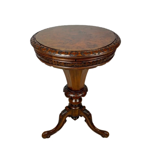 840 - Victorian carved walnut sewing table. 51x51x73cm