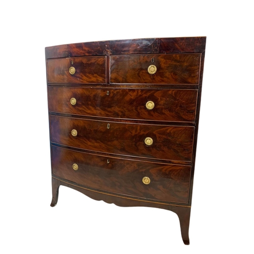 842 - Large Georgian inlaid mahogany bow front chest of drawers. 100x51x114cm