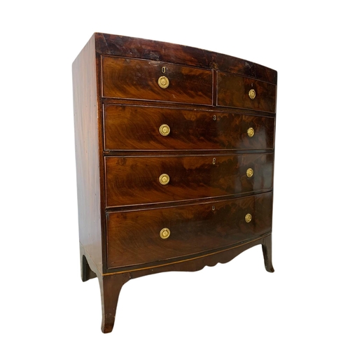 842 - Large Georgian inlaid mahogany bow front chest of drawers. 100x51x114cm