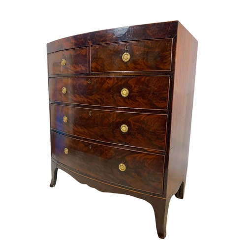 842 - Large Georgian inlaid mahogany bow front chest of drawers. 100x51x114cm