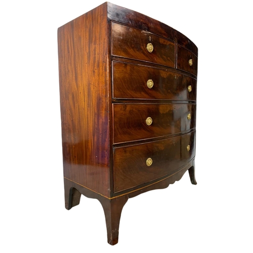 842 - Large Georgian inlaid mahogany bow front chest of drawers. 100x51x114cm