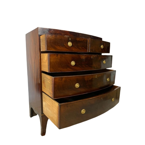 842 - Large Georgian inlaid mahogany bow front chest of drawers. 100x51x114cm