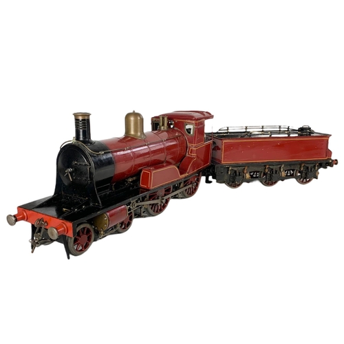 85 - Live Steam 3 1/2 inch Gauge 4-4-0 Locomotive And Tender train and carriage. Total length 103cm.