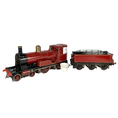 85 - Live Steam 3 1/2 inch Gauge 4-4-0 Locomotive And Tender train and carriage. Total length 103cm.