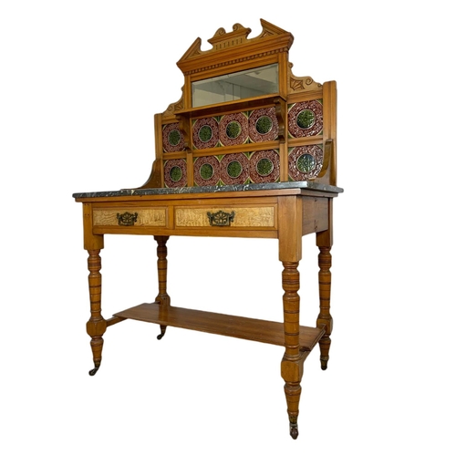 851 - Late Victorian satin walnut and burr ash marble top washstand with tile gallery back. 97.5x53x152cm