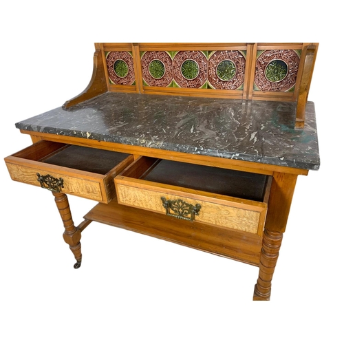 851 - Late Victorian satin walnut and burr ash marble top washstand with tile gallery back. 97.5x53x152cm