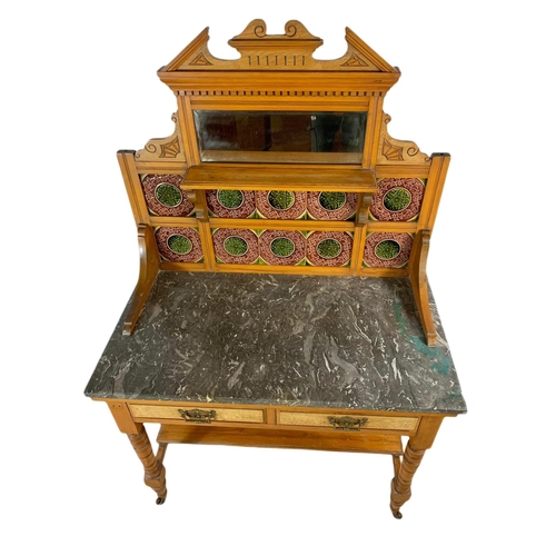 851 - Late Victorian satin walnut and burr ash marble top washstand with tile gallery back. 97.5x53x152cm