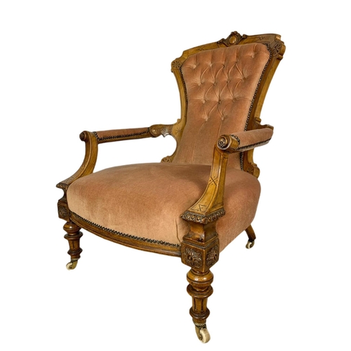 870 - Victorian carved walnut gents parlour armchair. 63x74x98cm