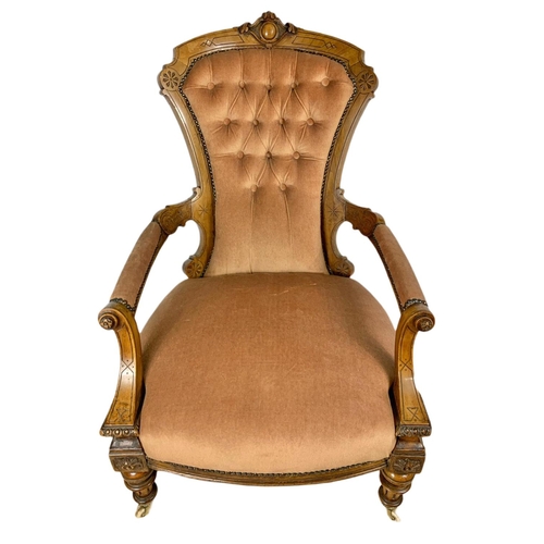 870 - Victorian carved walnut gents parlour armchair. 63x74x98cm