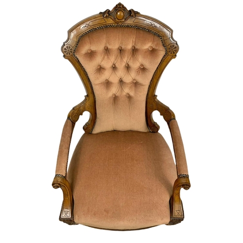 870 - Victorian carved walnut gents parlour armchair. 63x74x98cm