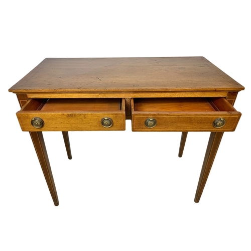 872 - Edwardian inlaid 2 drawer console/side table in the Sheraton style. 91x45.5x76cm