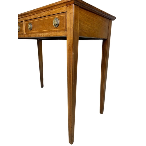 872 - Edwardian inlaid 2 drawer console/side table in the Sheraton style. 91x45.5x76cm