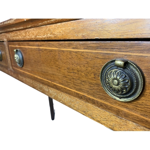 872 - Edwardian inlaid 2 drawer console/side table in the Sheraton style. 91x45.5x76cm