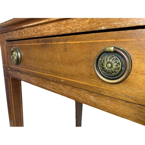 872 - Edwardian inlaid 2 drawer console/side table in the Sheraton style. 91x45.5x76cm