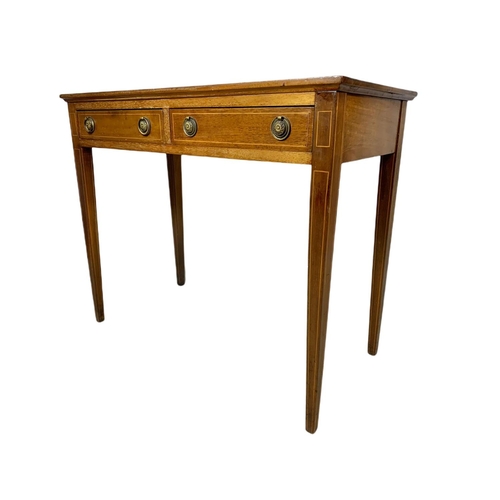 872 - Edwardian inlaid 2 drawer console/side table in the Sheraton style. 91x45.5x76cm