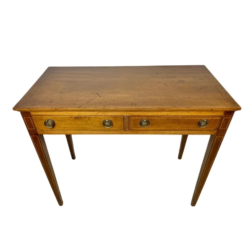 872 - Edwardian inlaid 2 drawer console/side table in the Sheraton style. 91x45.5x76cm