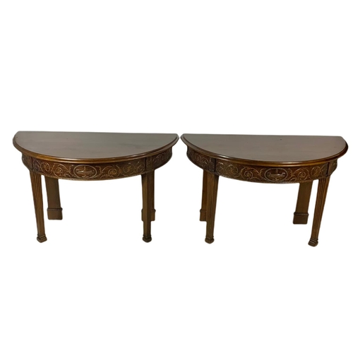 873 - Pair of vintage 18th century style Demi Lune tables in the style of  Robert Adams.  125.5x62x75.5cm ... 