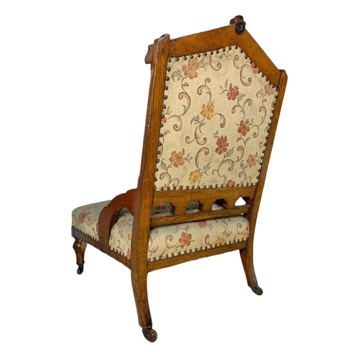 878 - Victorian inlaid oak ladies chair in the Neo Gothic style.  Cirfa 1870