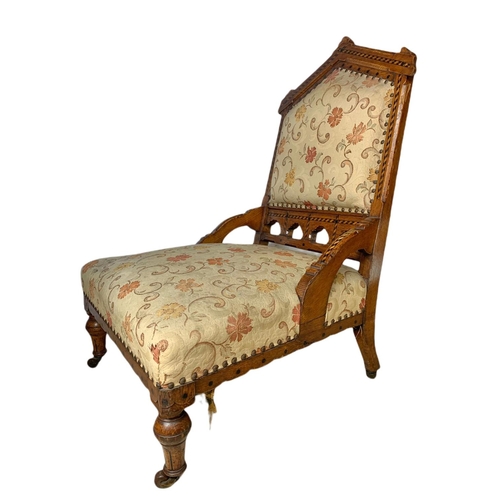 878 - Victorian inlaid oak ladies chair in the Neo Gothic style.  Cirfa 1870