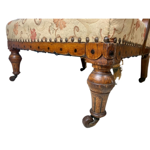 878 - Victorian inlaid oak ladies chair in the Neo Gothic style.  Cirfa 1870