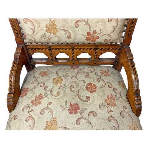 878 - Victorian inlaid oak ladies chair in the Neo Gothic style.  Cirfa 1870