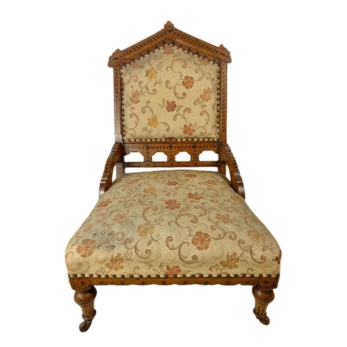 878 - Victorian inlaid oak ladies chair in the Neo Gothic style.  Cirfa 1870