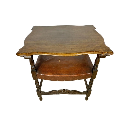 879 - Edwardian oak combination hall chair table with leather seat