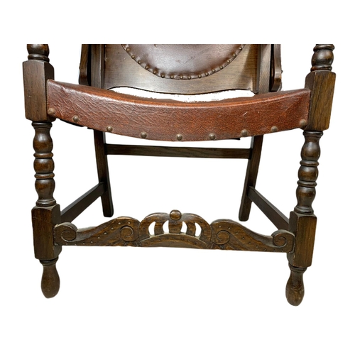 879 - Edwardian oak combination hall chair table with leather seat