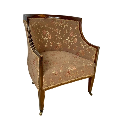 894 - Edwardian inlaid mahogany tub armchair in the Sheraton style, 60x70x77cm