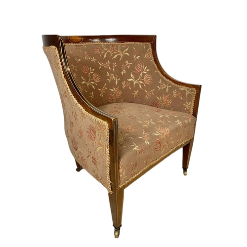 894 - Edwardian inlaid mahogany tub armchair in the Sheraton style, 60x70x77cm