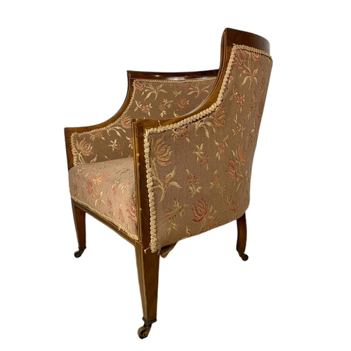 894 - Edwardian inlaid mahogany tub armchair in the Sheraton style, 60x70x77cm