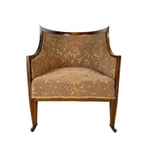 894 - Edwardian inlaid mahogany tub armchair in the Sheraton style, 60x70x77cm