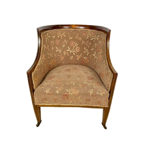 894 - Edwardian inlaid mahogany tub armchair in the Sheraton style, 60x70x77cm