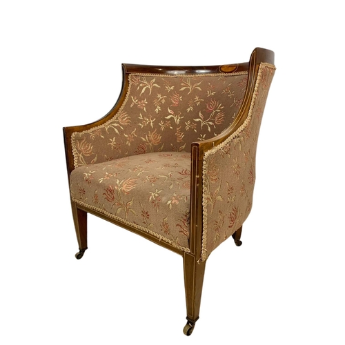 894 - Edwardian inlaid mahogany tub armchair in the Sheraton style, 60x70x77cm